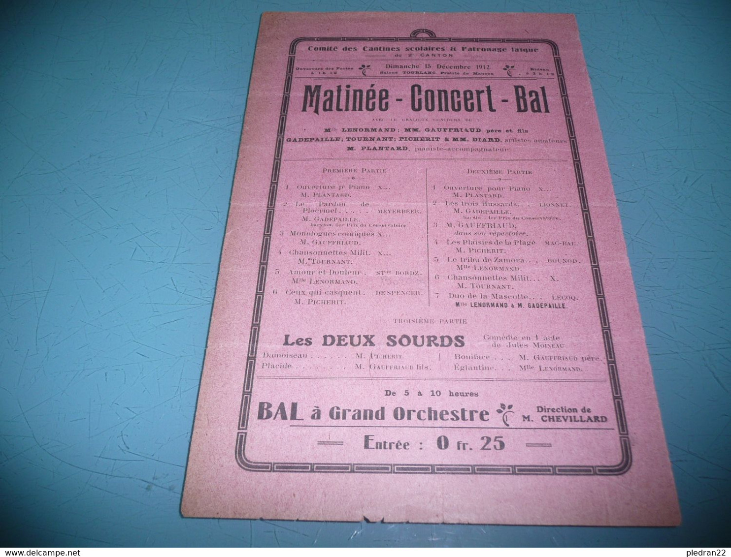 ANCIEN PROGRAMME CONCERT BAL  COMITE DES CANTINES SCOLAIRES ET PATRONAGE LAIQUE NANTES LOIRE INFERIEURE ATLANTIQUE 1912 - Programme