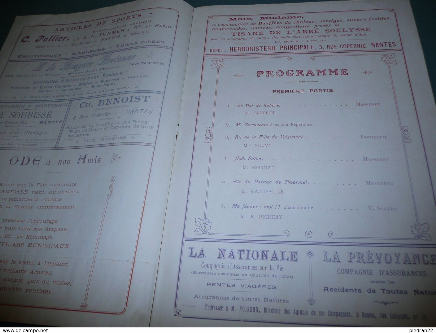 ANCIEN PROGRAMME CONCERT BAL  AMICALE DES OUVRIERS MUNICIPAUX NANTES LOIRE INFERIEURE ATLANTIQUE 1913 - Programmes