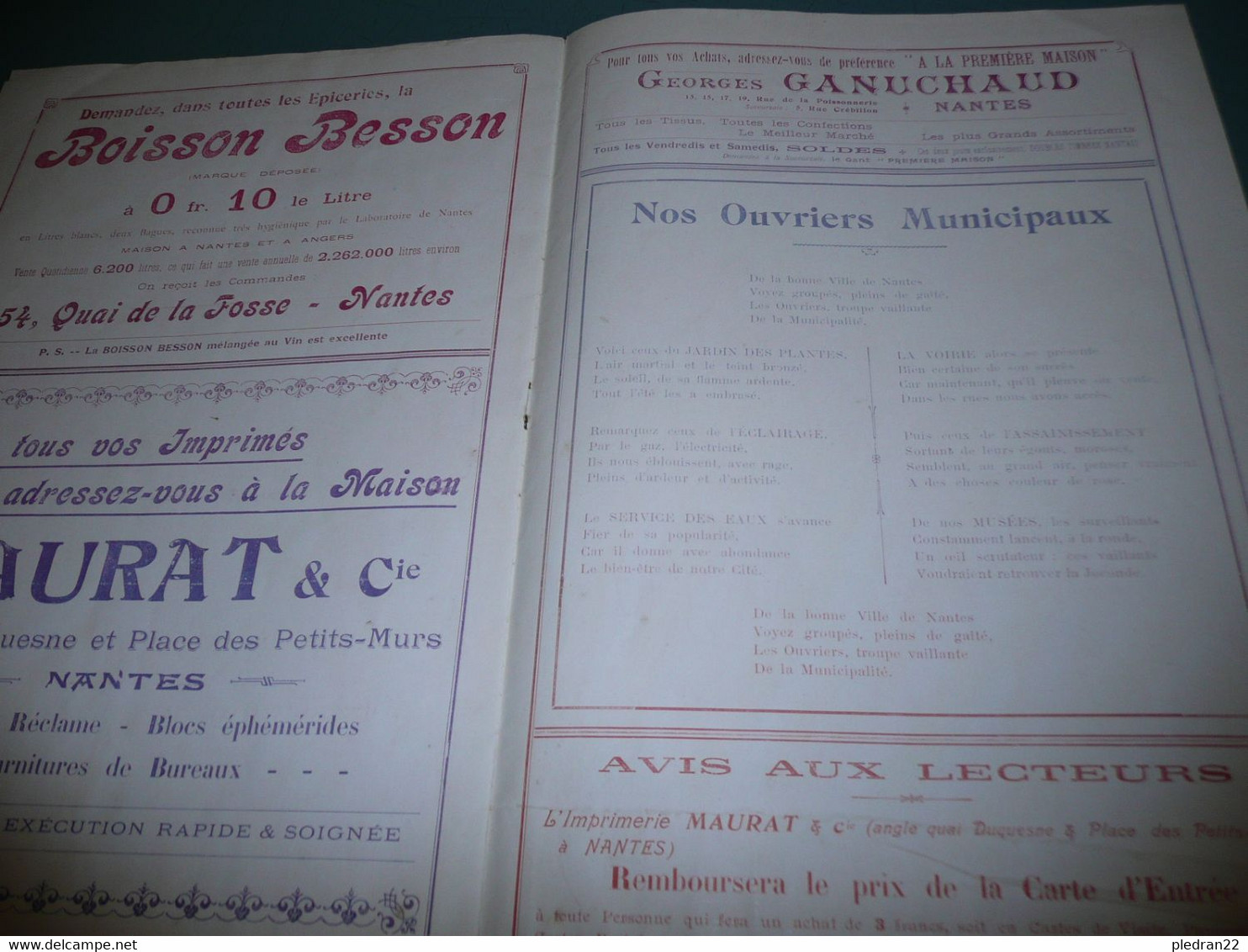 ANCIEN PROGRAMME CONCERT BAL  AMICALE DES OUVRIERS MUNICIPAUX NANTES LOIRE INFERIEURE ATLANTIQUE 1913 - Programmes