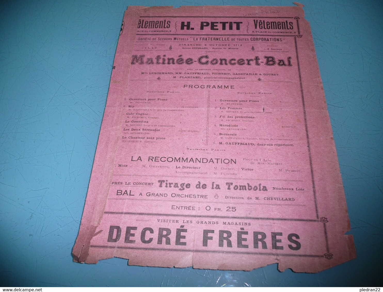 ANCIEN PROGRAMME MATINEE CONCERT BAL LA FRATERNELLE DE TOUTES CORPORATIONS NANTES LOIRE INFERIEURE ATLANTIQUE 1912 - Programmes