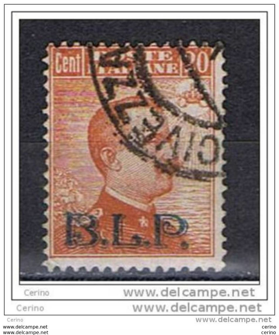 REGNO:  1922/23  B.L.P.  -  20 C. ARANCIO  US. -  SOPRASTAMPA  NERA  -  SASS. 7  -  RR - Stamps For Advertising Covers (BLP)