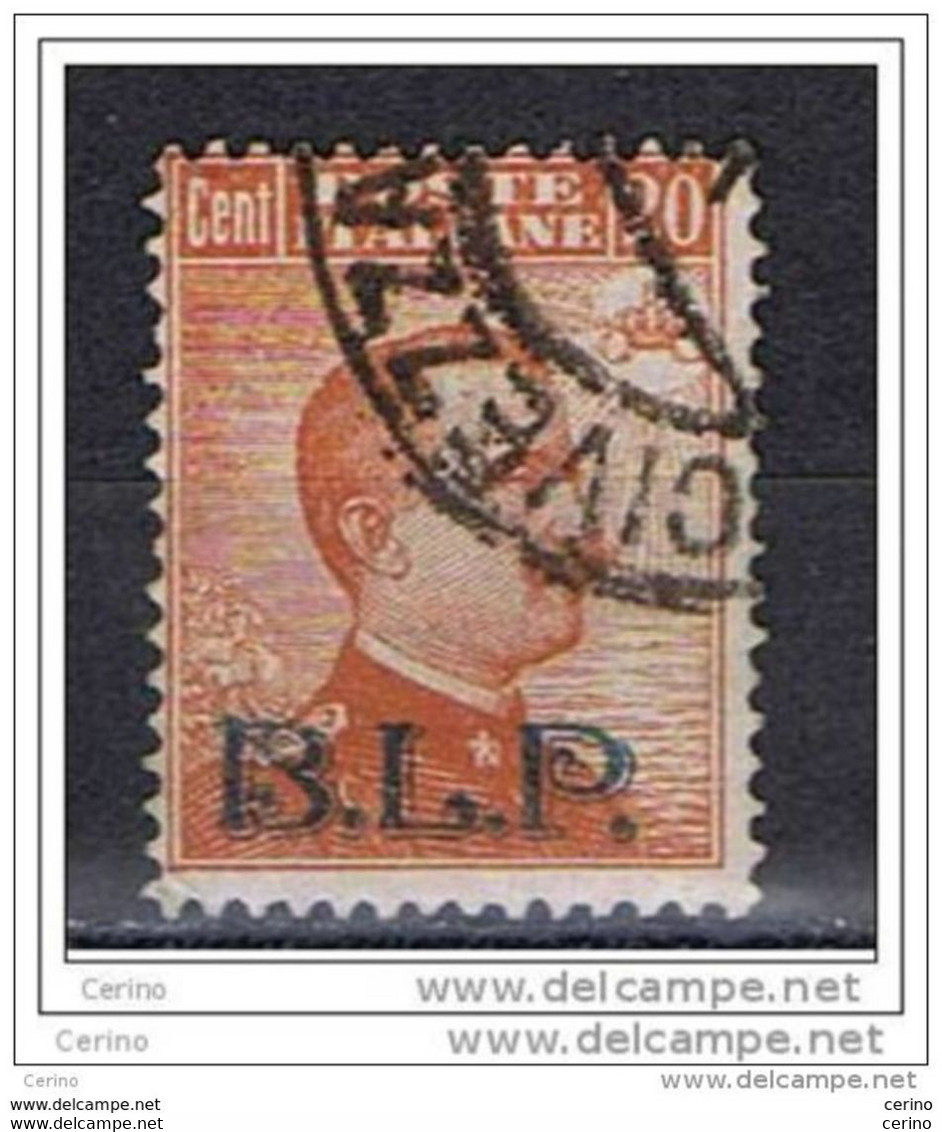 REGNO:  1922/23  B.L.P.  -  20 C. ARANCIO  US. -  SOPRASTAMPA  NERA  -  SASS. 7  -  RR - BM Für Werbepost (BLP)