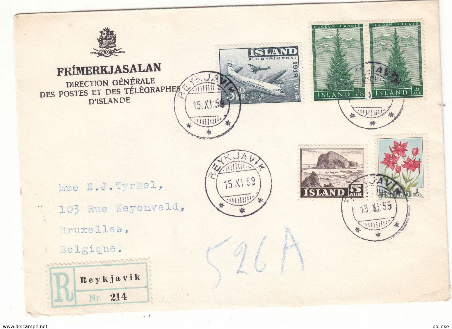 Islande - Lettre Recom De 1959 ° - GF - Oblit Reykjavik - Avions - Arbres - Fleurs - - Covers & Documents