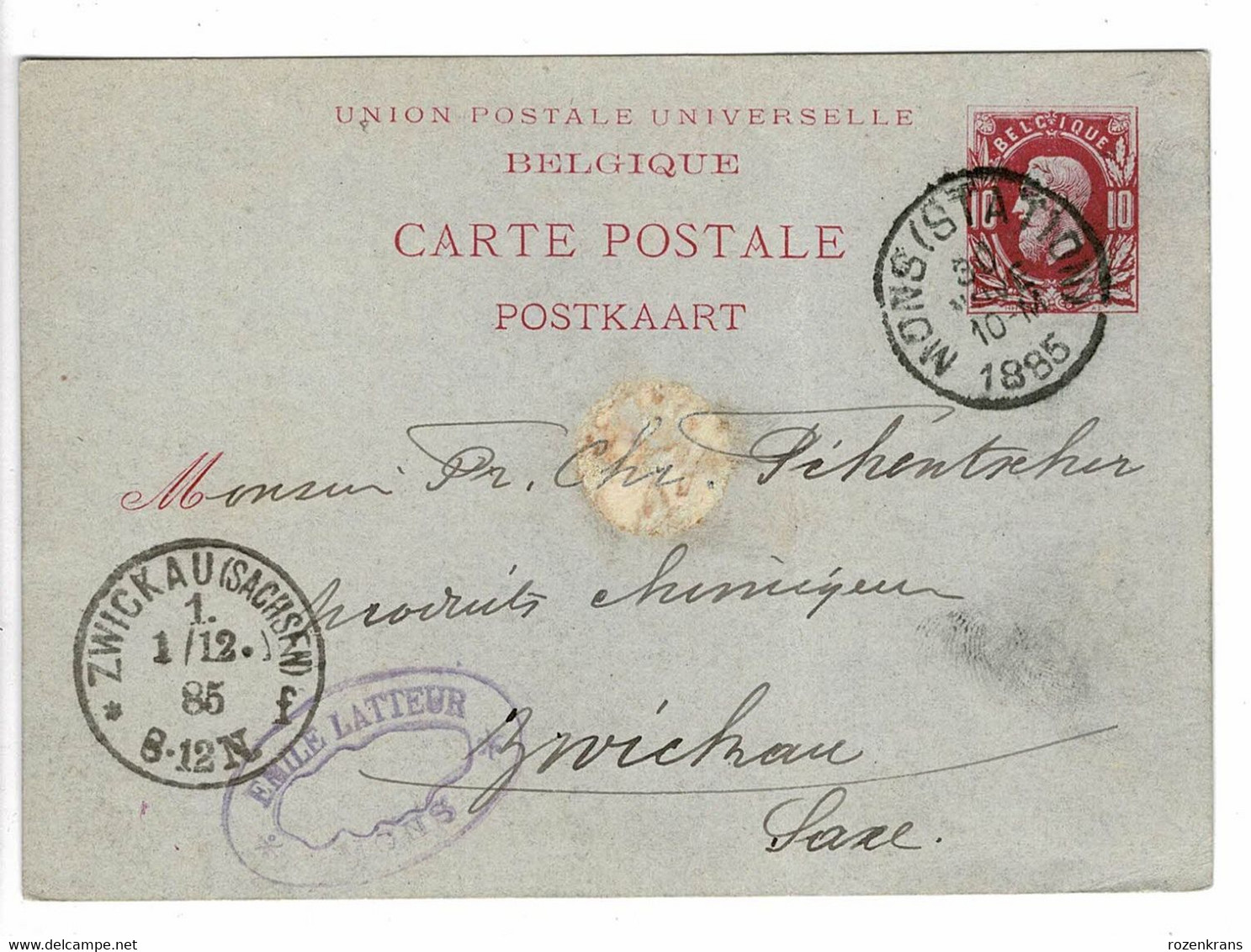 1885 Entier Postal EP Postwaardestuk Mons Station Obliteration Cachet Zwickau Sachsen Emile Latteur - Sonstige & Ohne Zuordnung