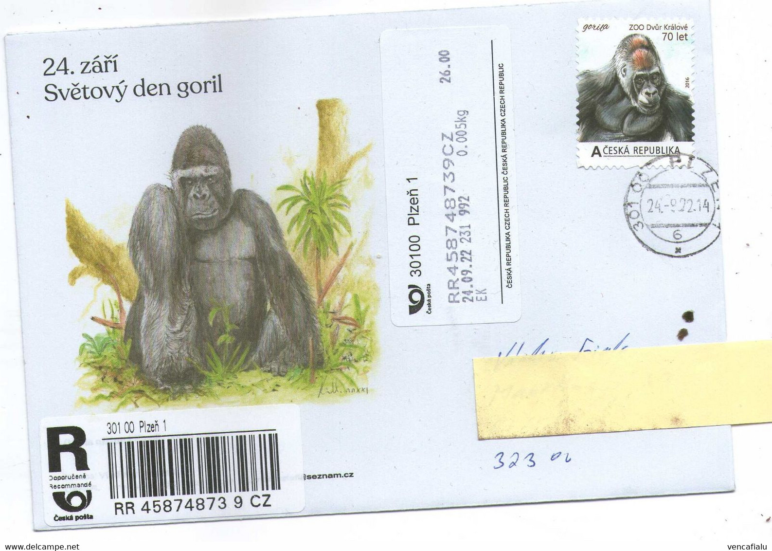 Czech Republic 2022 - World Day Gorillas, Nice Cover, My Stamp, Apost, Postage Registered Used - Gorilas