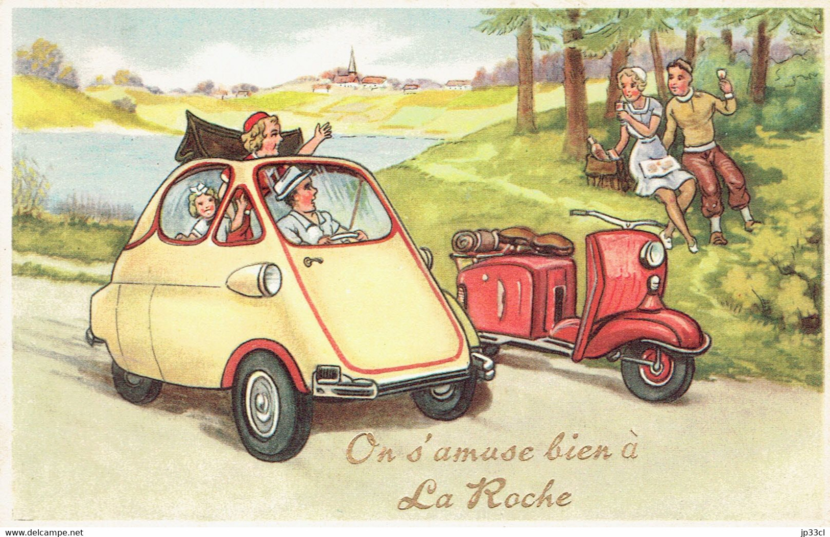 Voiture Et Vespa Sur CPA "On S'amuse Bien à La Roche" - Cachet La Roche-en-Ardenne, Vers 1960 - La-Roche-en-Ardenne