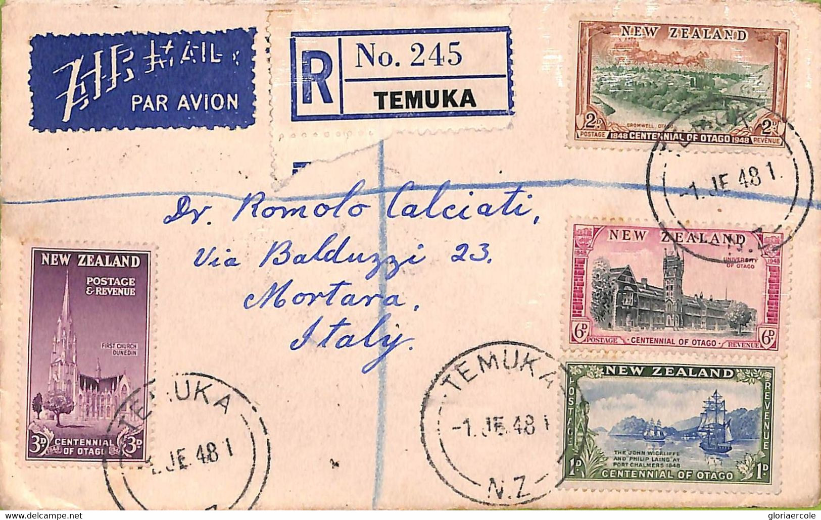 Ac6641 - NEW ZEALAND - REVENUE STAMP On Registered COVER From TEMUKA  To ITALY 1948 - Covers & Documents