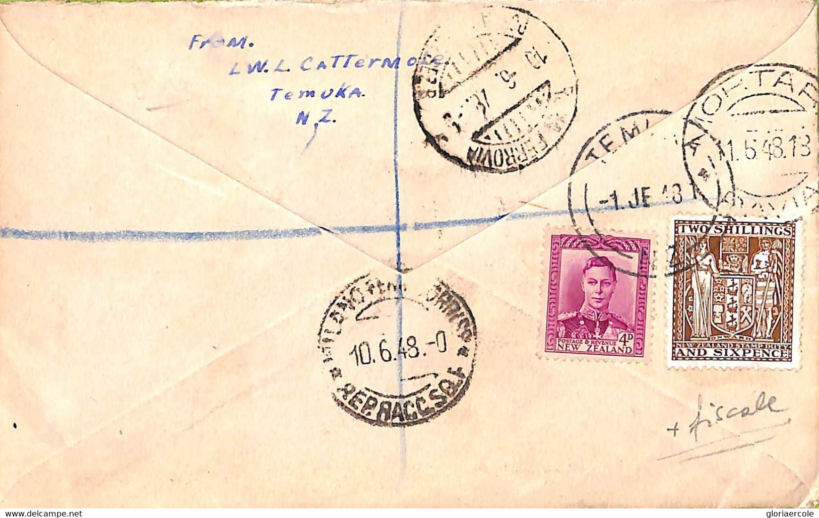 Ac6641 - NEW ZEALAND - REVENUE STAMP On Registered COVER From TEMUKA  To ITALY 1948 - Briefe U. Dokumente