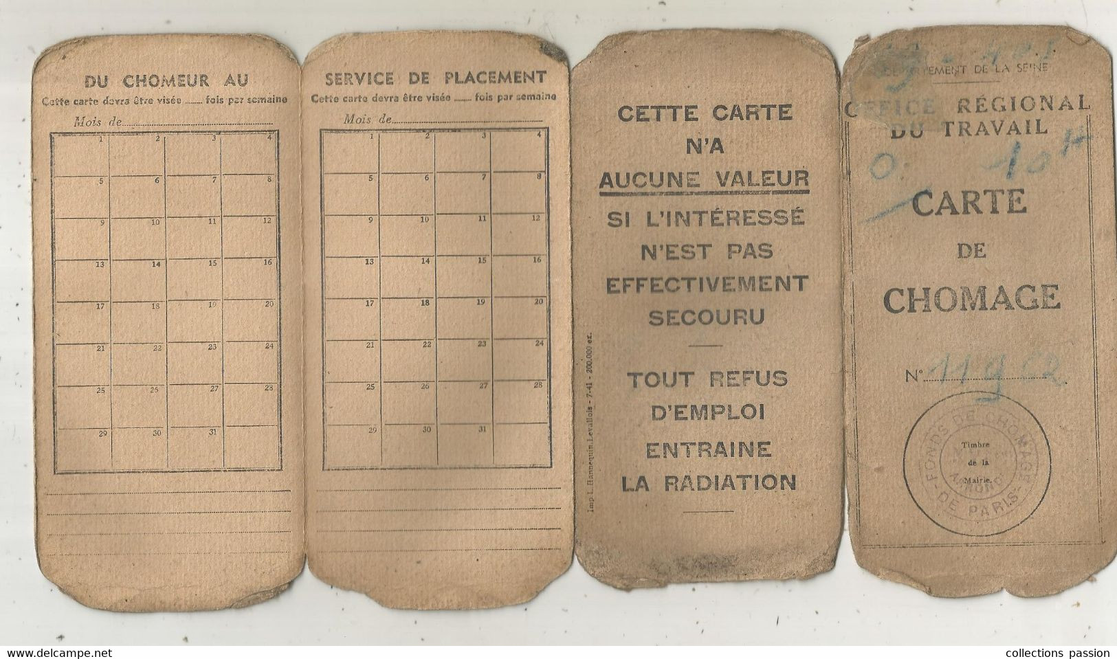 Carte De Chomage 8 Pages,  Seine, Office Régional Du Travail, 1945 ,2 Scans ,  150 X 70 Mm, Frais Fr 1.75 E - Mitgliedskarten