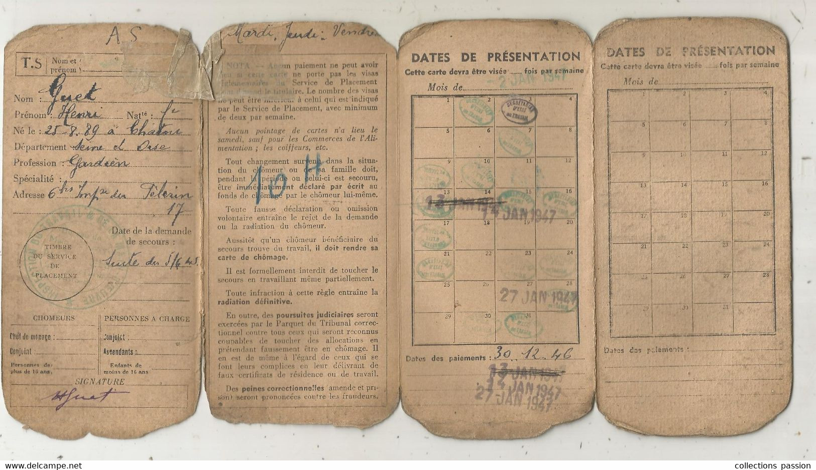 Carte De Chomage 8 Pages,  Seine, Office Régional Du Travail, 1945 ,2 Scans ,  150 X 70 Mm, Frais Fr 1.75 E - Tessere Associative