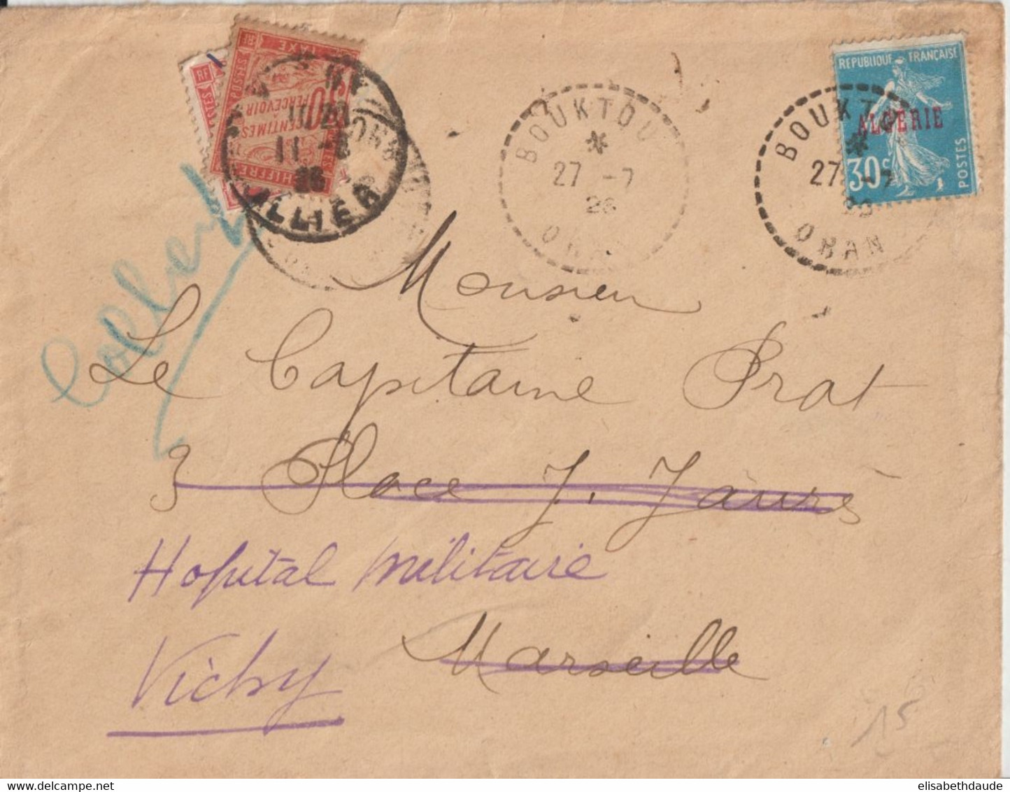 ALGERIE - 1926 - DOUBLE TAXE ! SEMEUSE SURCHAGEE Sur ENVELOPPE De BOUKTOUB ! => MARSEILLE => HOPITAL MILITAIRE VICHY - Covers & Documents