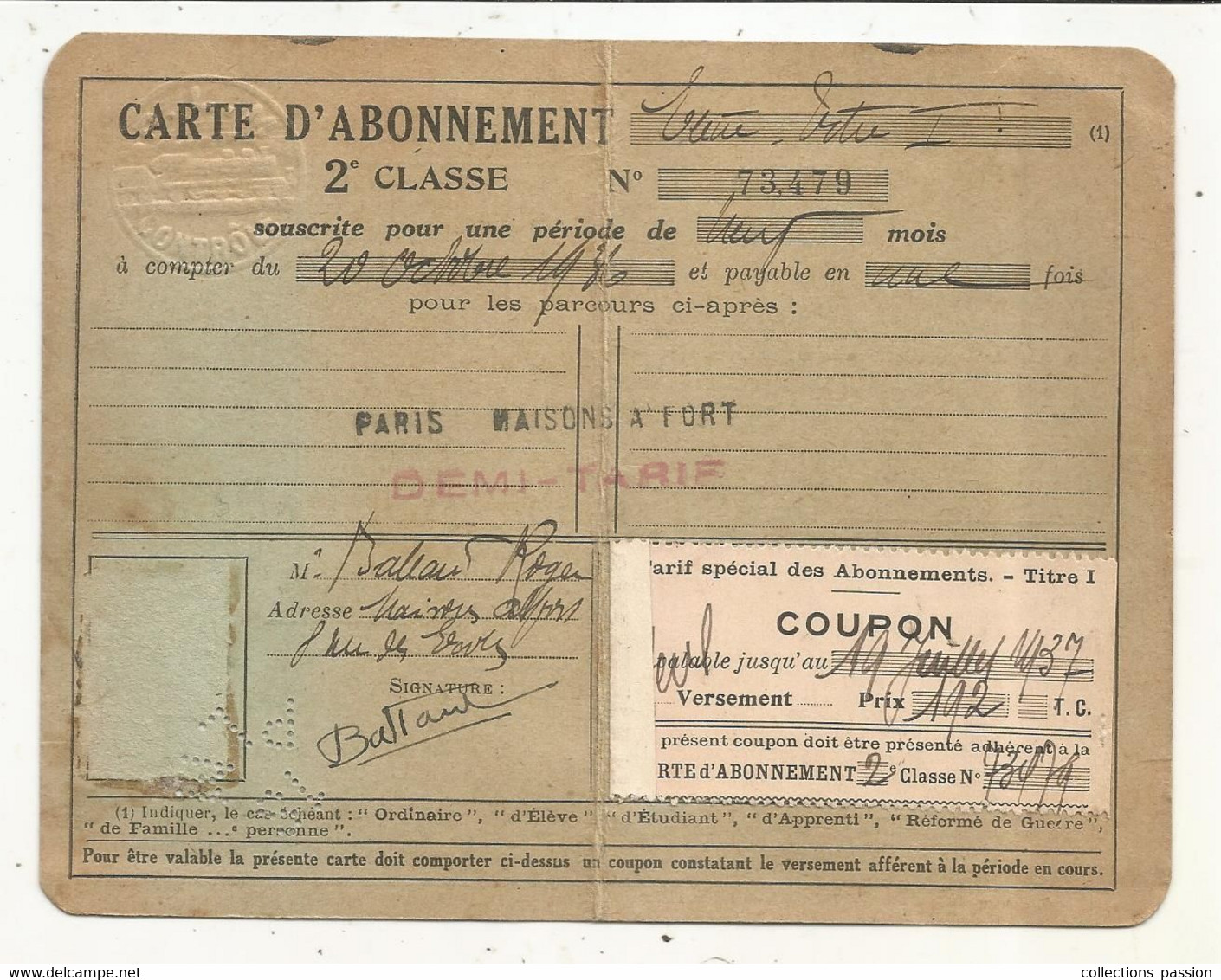 Carte D'abonnement , 2 Scans , GRANDS RESEAUX FRANCAIS,2 éme Classe, Paris-Maisons Alfort, Demi Tarif, 1937 - Ohne Zuordnung