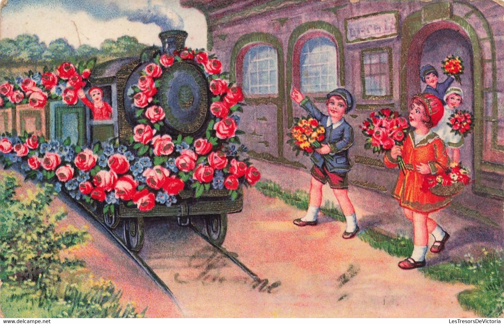 Fantaisies - Fleur - Edit. Rokat - Train Fleuri Avec Enfants - Dorure  - Carte Postale Ancienne - Other & Unclassified