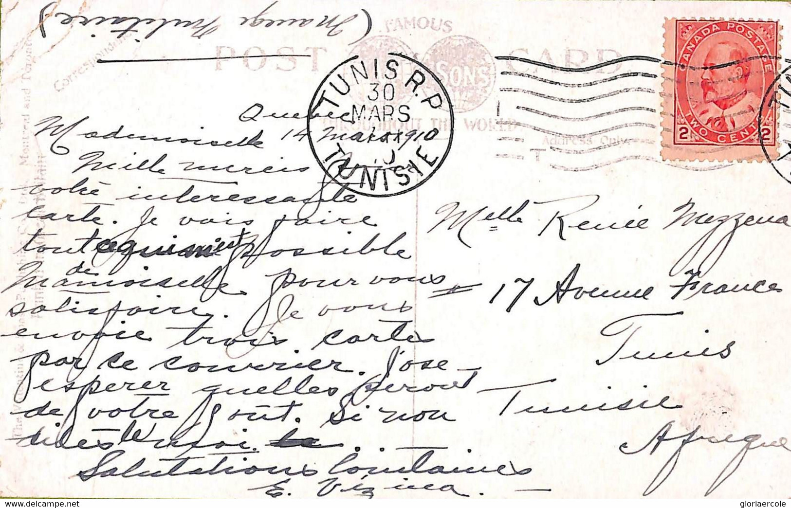 Ac6655 - CANADA - POSTAL HISTORY - POSTCARD To TUNIS Tunisia 1910 - Brieven En Documenten