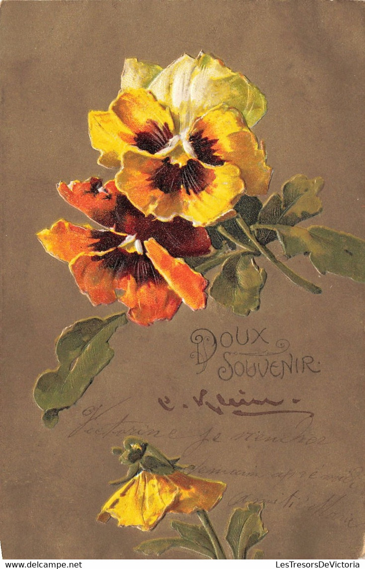 Fantaisies - Fleur - Doux Souvenirs - Pensées Oranges Sur Fond Doré - Oblitéré Manage - Relief  - Carte Postale Ancienne - Other & Unclassified