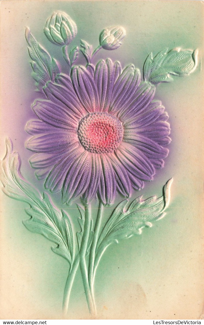 Fantaisies - Fleur - Fleur Violette Type Marguerite Sur Fond Vert - Relief  - Carte Postale Ancienne - Otros & Sin Clasificación