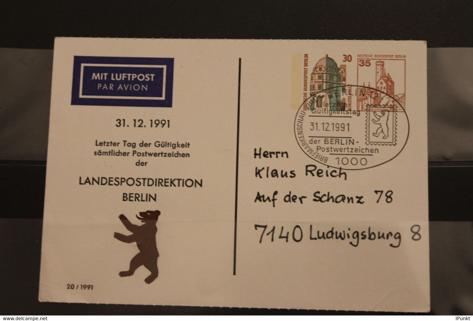 Berlin; Ganzsache Mit Zudruck Und Sonderstempel:Letzter Tag Der Gültigkeit Berliner PWZ, 1991 - Postales Privados - Usados