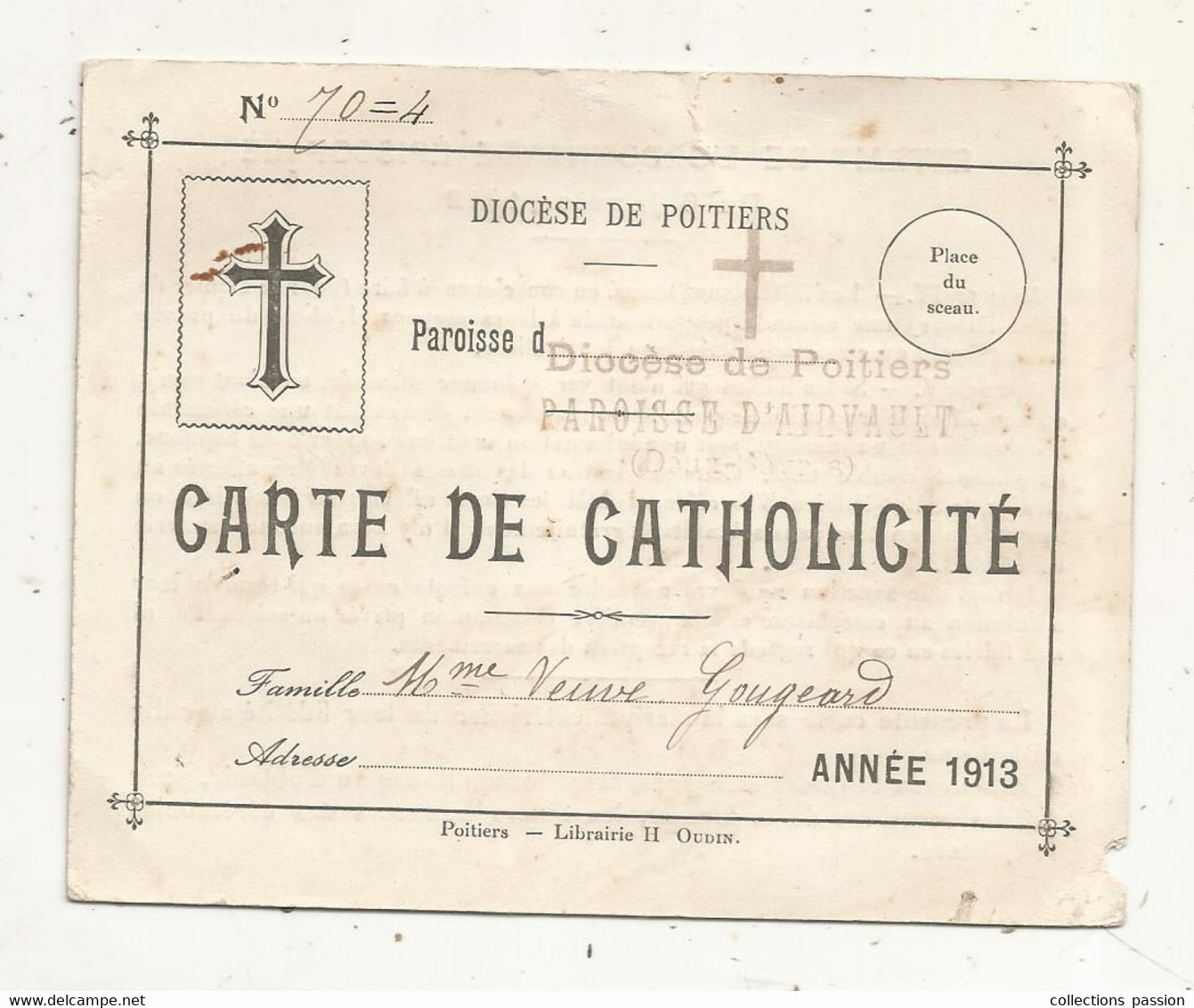 Carte De CATHOLICITE, Diocése De Poitiers ,paroisse D'Airvault, Deux Sèvres,1913,  2 Scans - Ohne Zuordnung