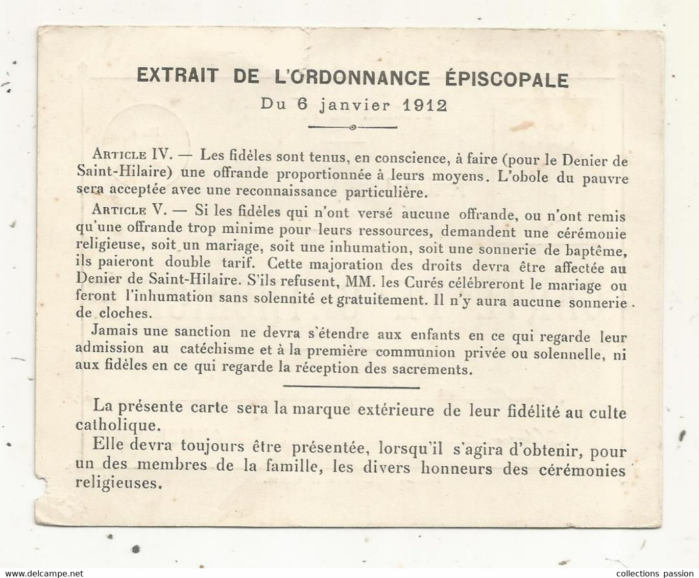 Carte De CATHOLICITE, Diocése De Poitiers ,paroisse D'Airvault, Deux Sèvres,1913,  2 Scans - Ohne Zuordnung