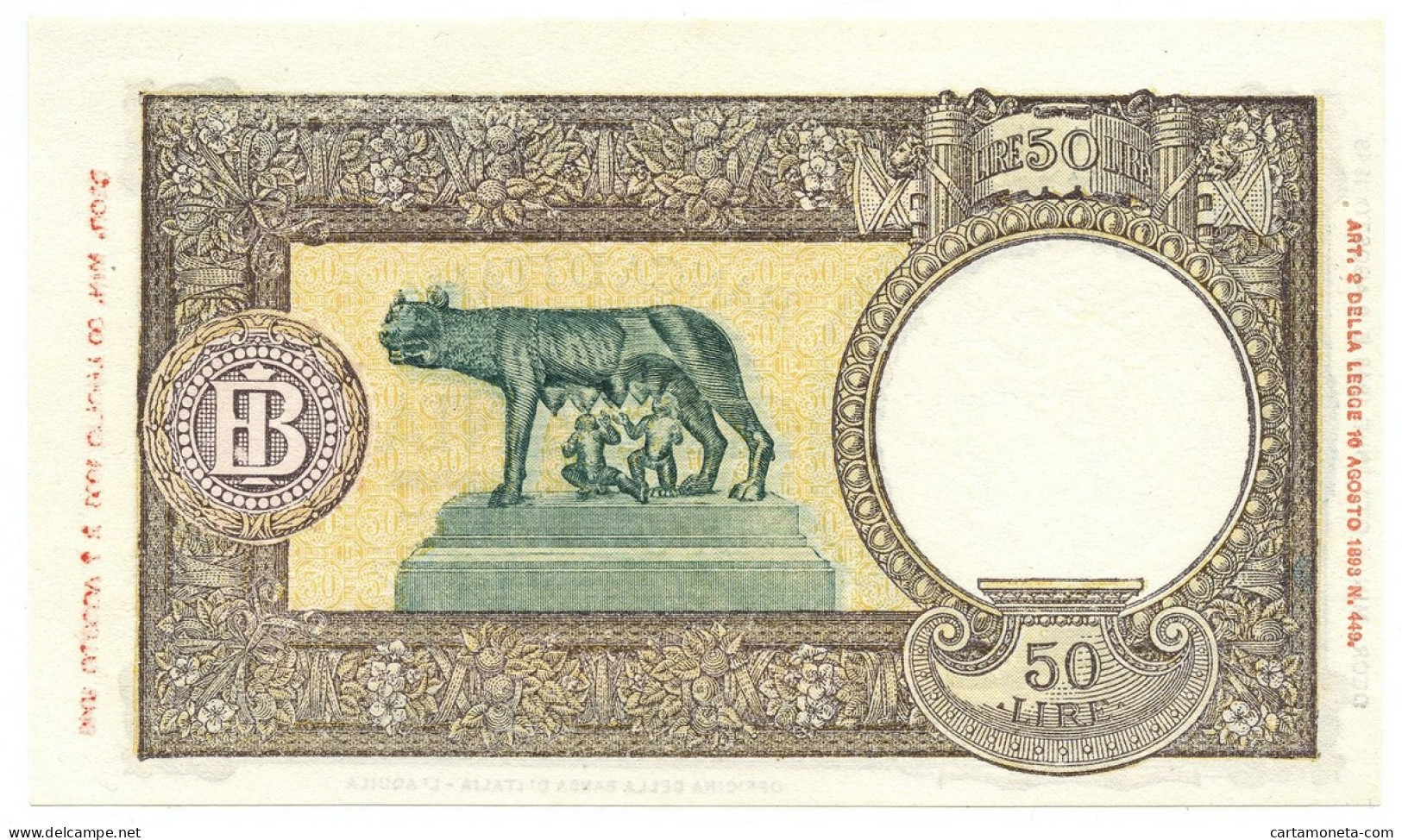 50 LIRE CAPRANESI LUPA CAPITOLINA MARG. STRETTO RETRO BI RSI 08/10/1943 SUP+ - Regno D'Italia – Other