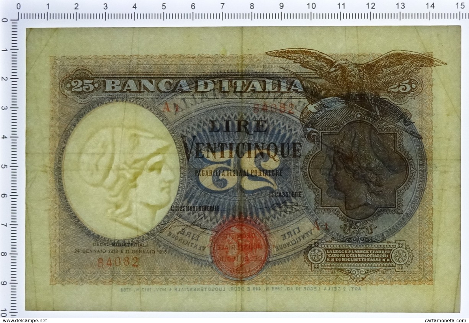 25 LIRE AQUILA CON BANDIERA SABAUDA PRIMA SERIE A1 BANCA D'ITALIA 24/01/1918 BB+ - Regno D'Italia – Other