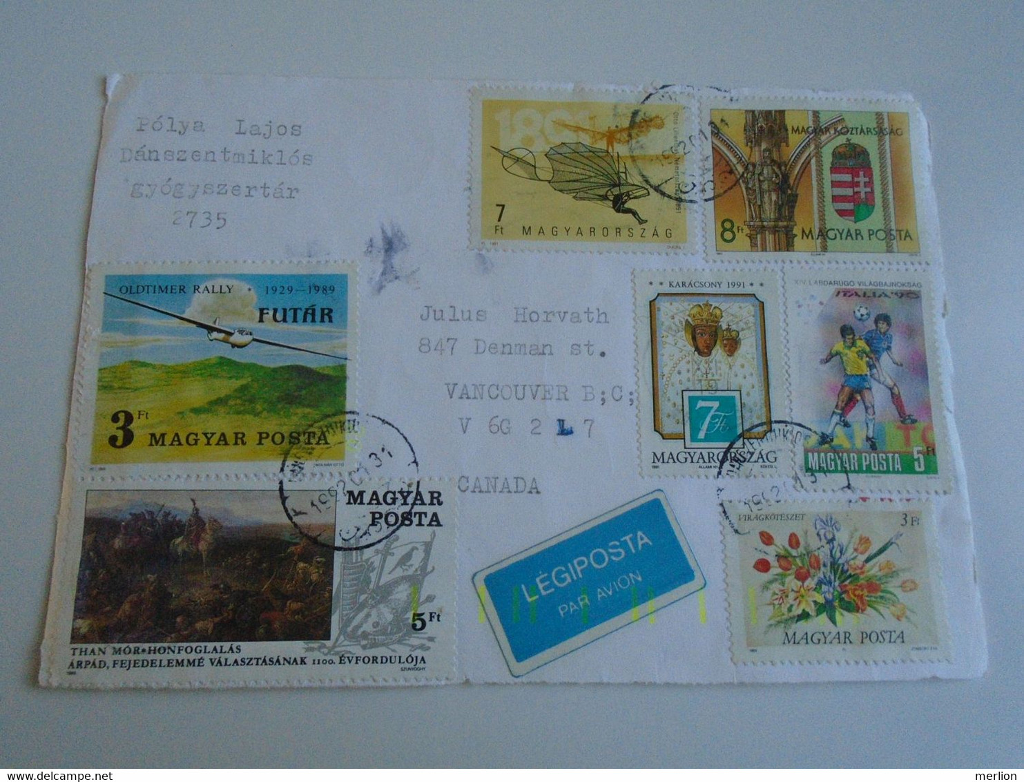 D193285    Hungary  -Cover Cut (frontside)   Ca 1992  Dánszentmiklós -sent To Vancouver Canada - Cartas & Documentos