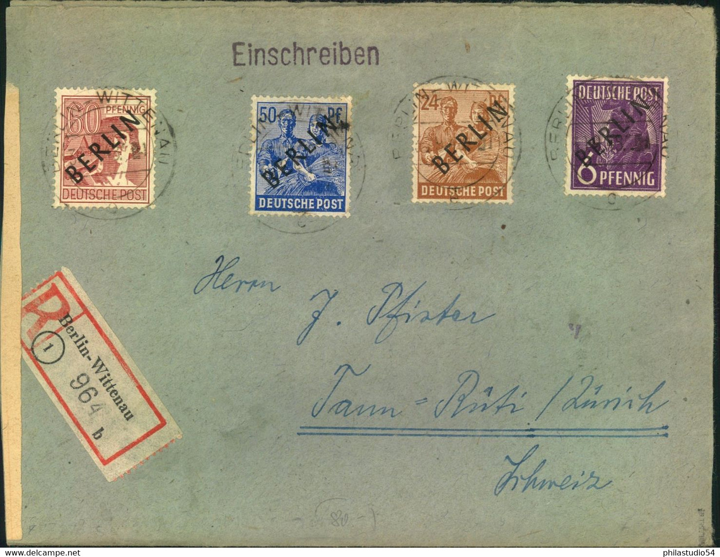 1948, Auslandseinschreiben 2. Gewichtsstufe (140 Pf.) Mit Vier Schwartzufdruckwerten Ab BERLIN-WILMERSDORF In Die Schwei - Other & Unclassified