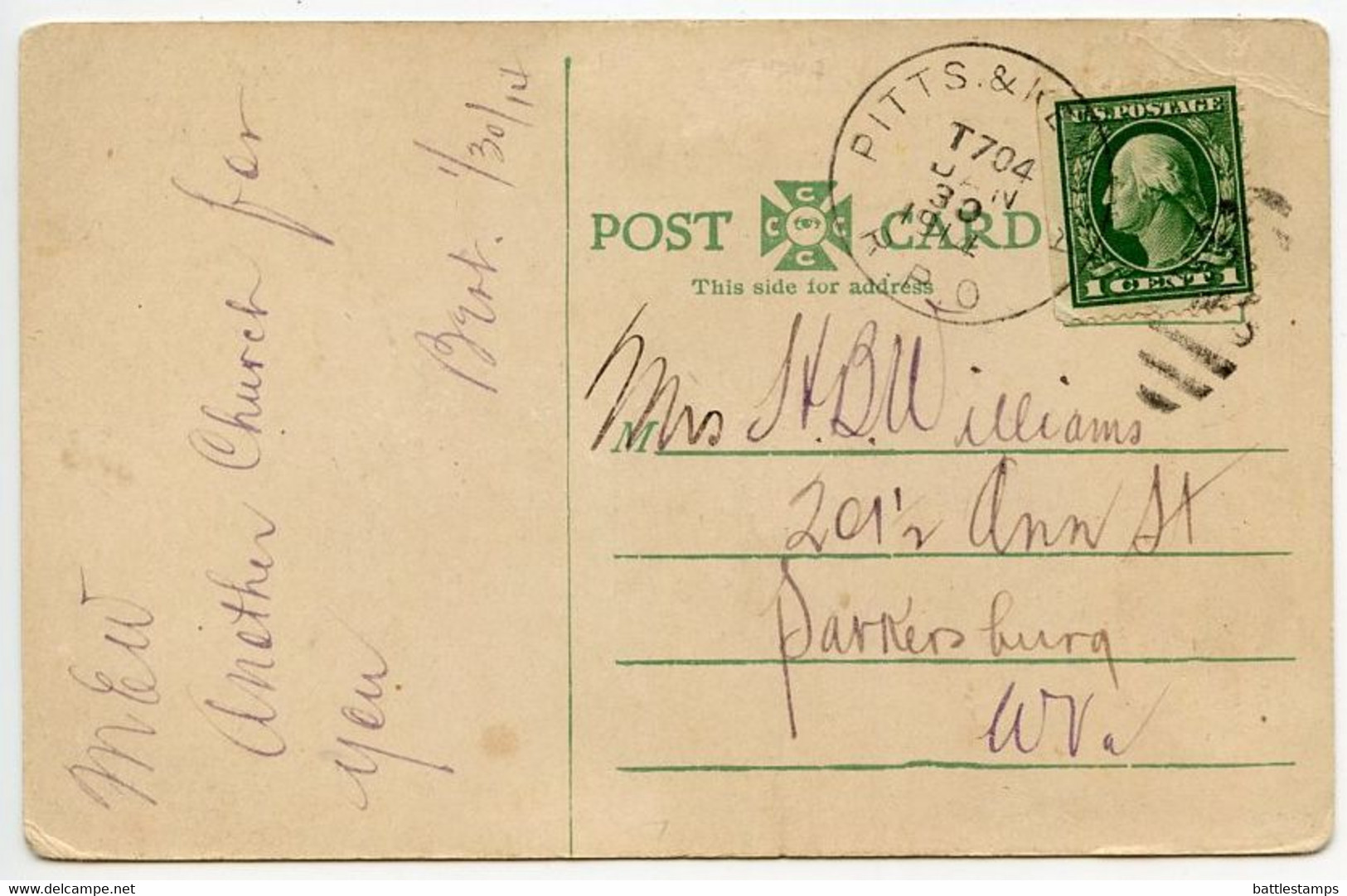 United States 1914 Postcard Seventh Avenue M. E. Church, Huntington, West Virginia; Pittsburg & Kenova RPO Postmark - Huntington