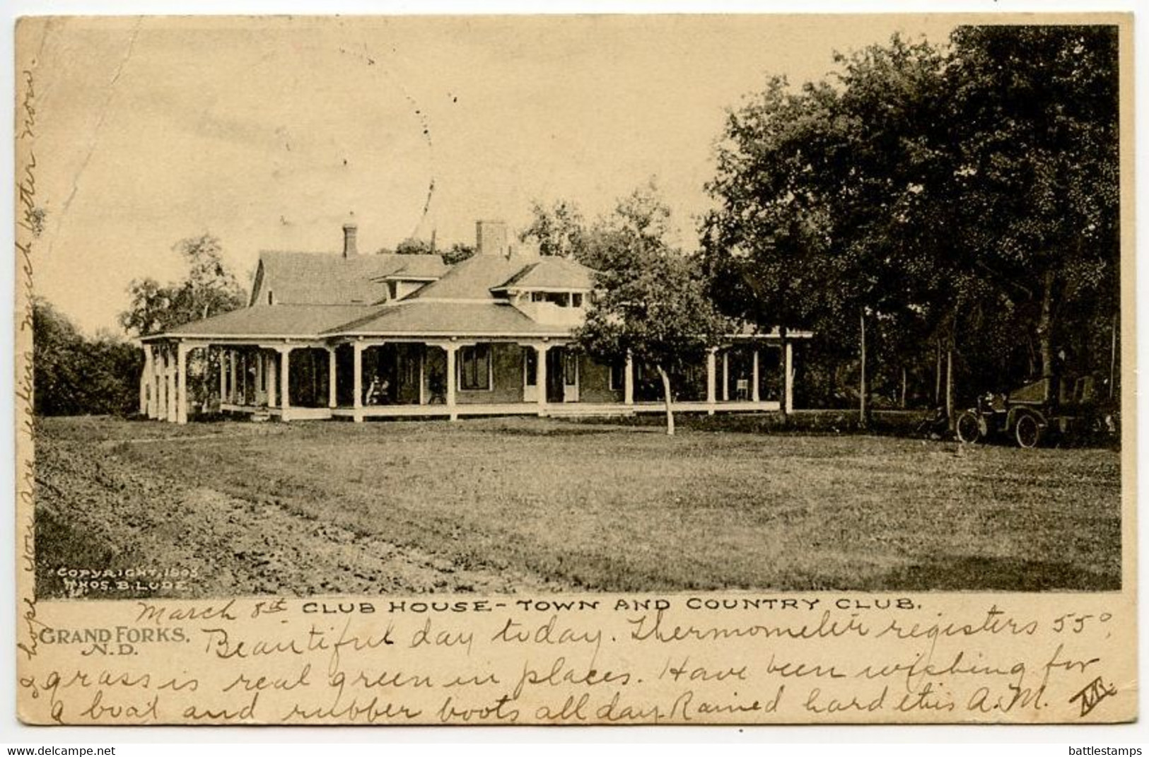 United States 1906 Postcard Grand Forks North Dakota, Town & Country Club; St. Vincent & St. Paul RPO Postmark - Grand Forks