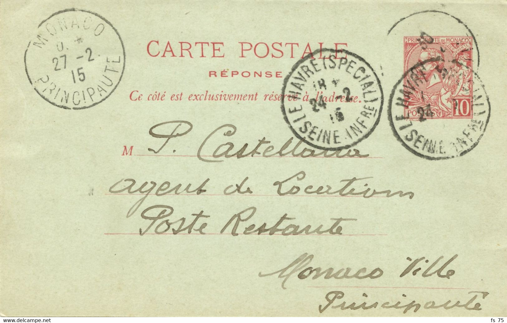 MONACO - ENTIER CARTE POSTALE REPONSE PAYEE 10C ALBERT 1ER VOLET REPONSE OBLITERE LE HAVRE (SPECIAL), 1915 - Entiers Postaux