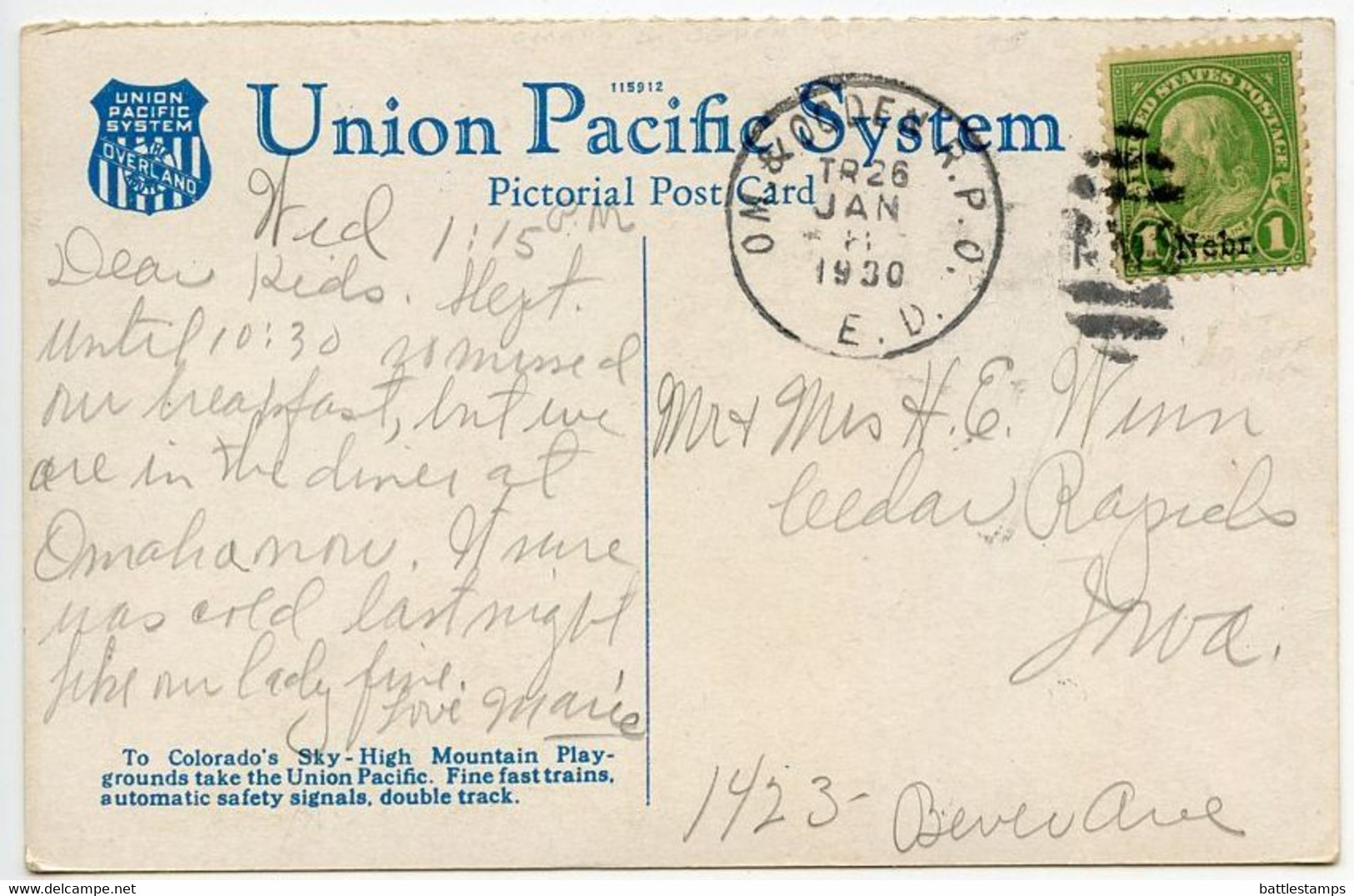 United States 1930 Postcard Fall River Rd, Continental Divide, Rocky Mtn National Park; Omaha & Ogden RPO Postmark - Rocky Mountains