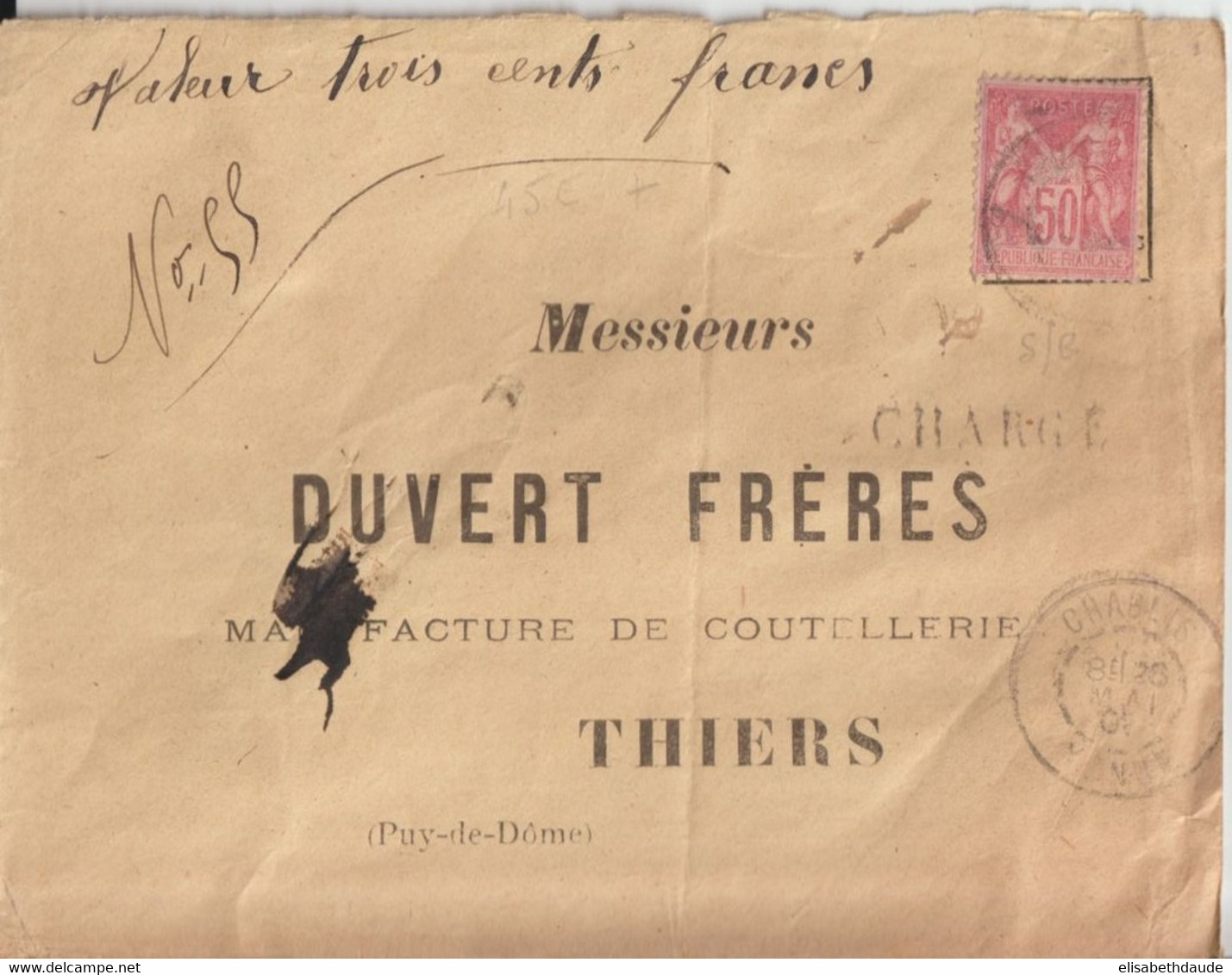 1901 - N/B ! SAGE YVERT N°104 RARE SEUL Sur LETTRE CHARGEE De CHABLIS (YONNE) => THIERS - 1898-1900 Sage (Tipo III)