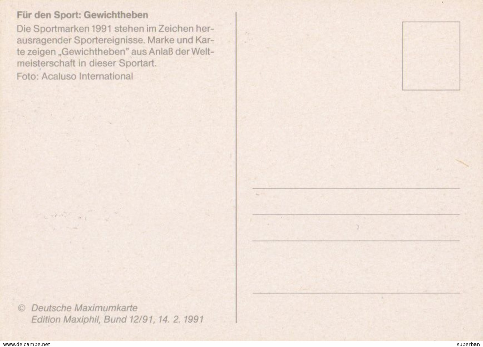 HALTÈROPHILIE / WEIGHT LIFTING - 2 CARTES MAXIMUM / MAXIMUM CARDS : BONN & BERLIN ERSTAUSGABE / FIRST DAY - 1991 (al125) - Haltérophilie