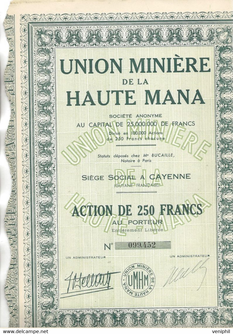UNION MINIERE DE LA HAUTE MANA -- LOT 2ACTIONS DE 250 FRS -SIEGE SOCIAL A CAYENNE -GUYANE - - Mines