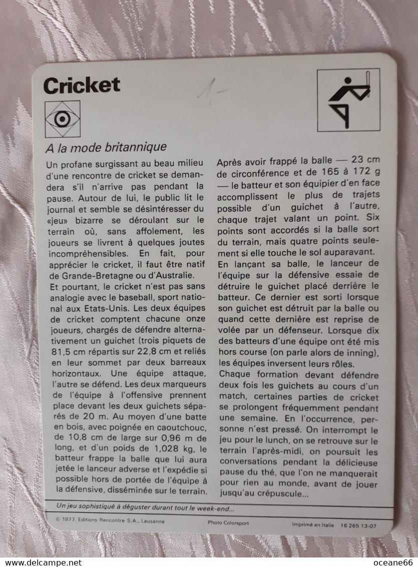 Fiche Rencontre Cricket à La Mode Britannique - Cricket