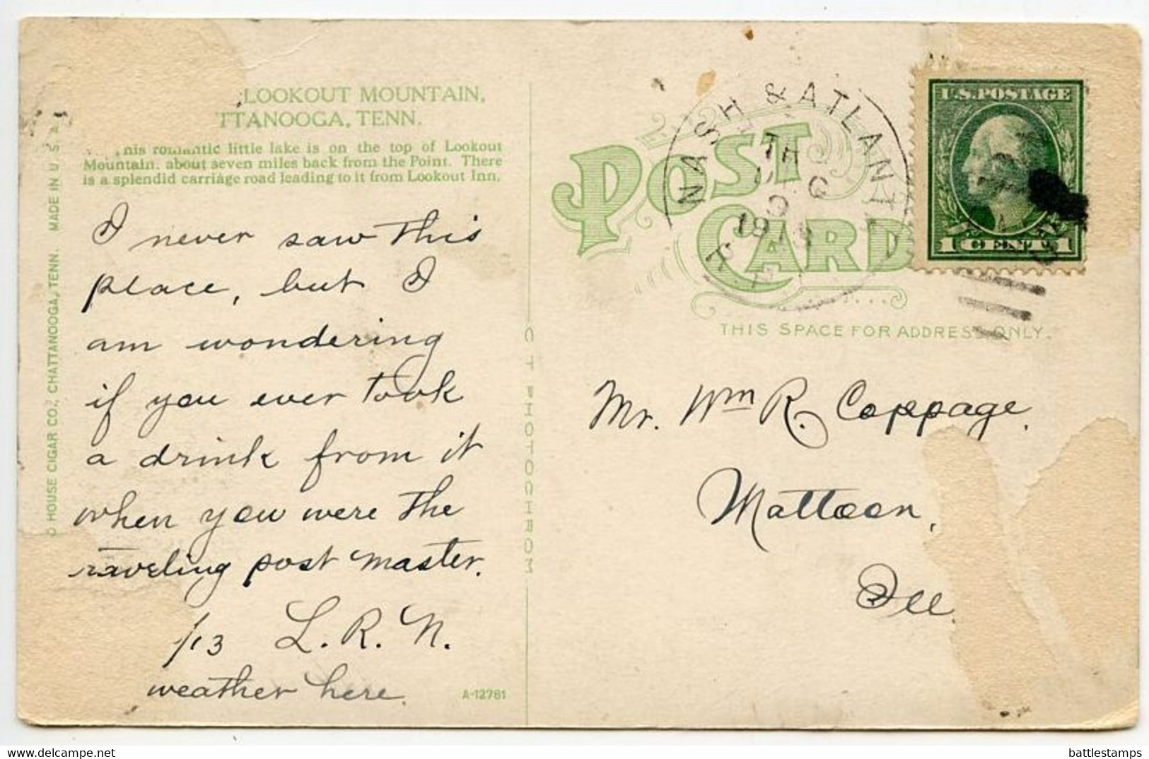 United States 1913 Postcard Lula Lake, Lookout Mountain, Chattanooga, Tennessee; Washington & Atlanta RPO Postmark - Chattanooga