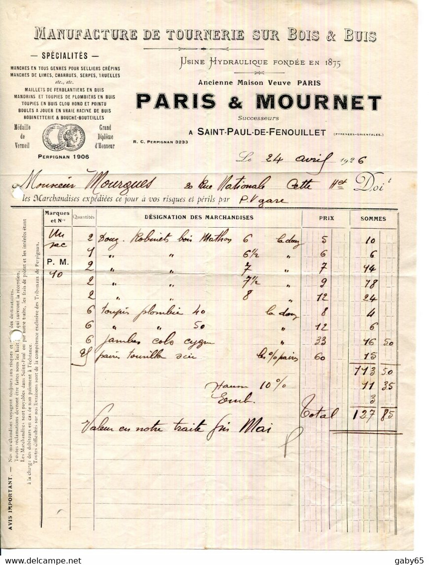 FACTURE.66.SAINT PAUL DE FENOUILLET.MANUFACTURE DE TOURNERIE SUR BOIS ET BUIS.PARIS & MOURNET USINE HYDRAULIQUE. - Electricité & Gaz