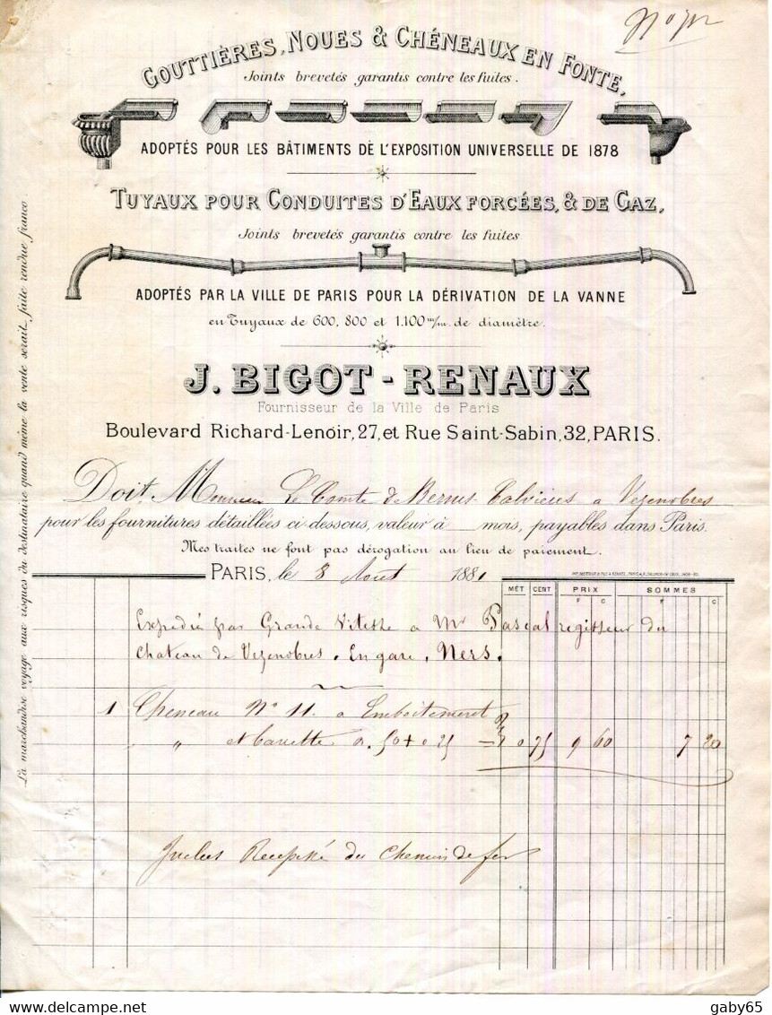 FACTURE.PARIS.GOUTTIERES.NOUES.CHENEAUX.TUYAUX POUR GAZ & EAUX.J.BIGOT-RENAUX. - Electricity & Gas