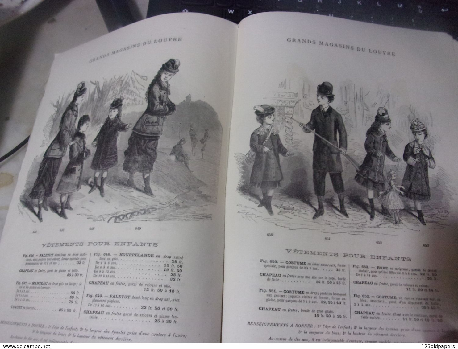 ♥️ RARE 1877/78  HIVER  catalogue grands magasins du louvre Paris COSTUMES ENFANTS CORSETS CRAVATES PEIGNOIRS