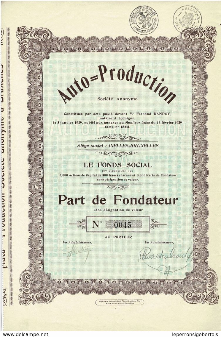 - Titre De 1929 - Auto-Production - Société Anonyme - - Cars