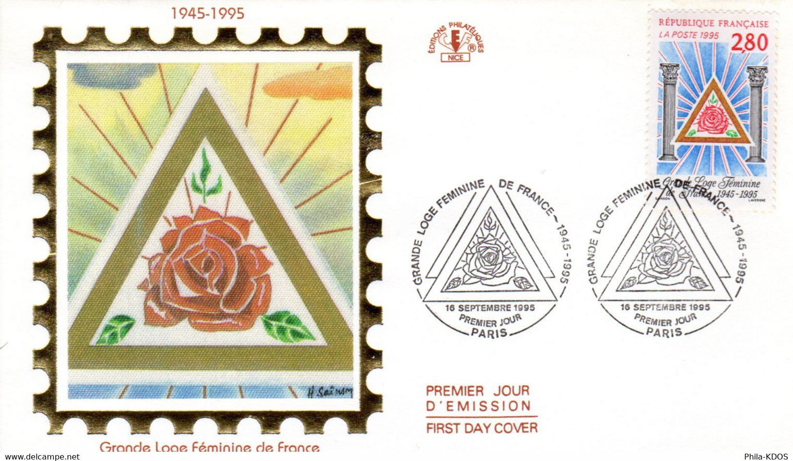 " 50 ANS DE LA GRANDE LOGE FEMININE DE FRANCE " Sur Enveloppe 1er Jour Soie De 1995 N° YT 2967 Parfait état FDC - Francmasonería