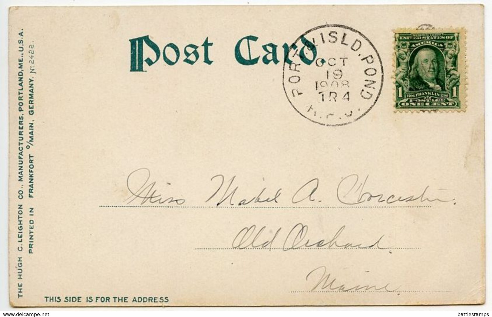 United States 1908 Postcard George Cleeves Monument - Portland, Maine; Portland & Island Pond RPO Postmark - Portland