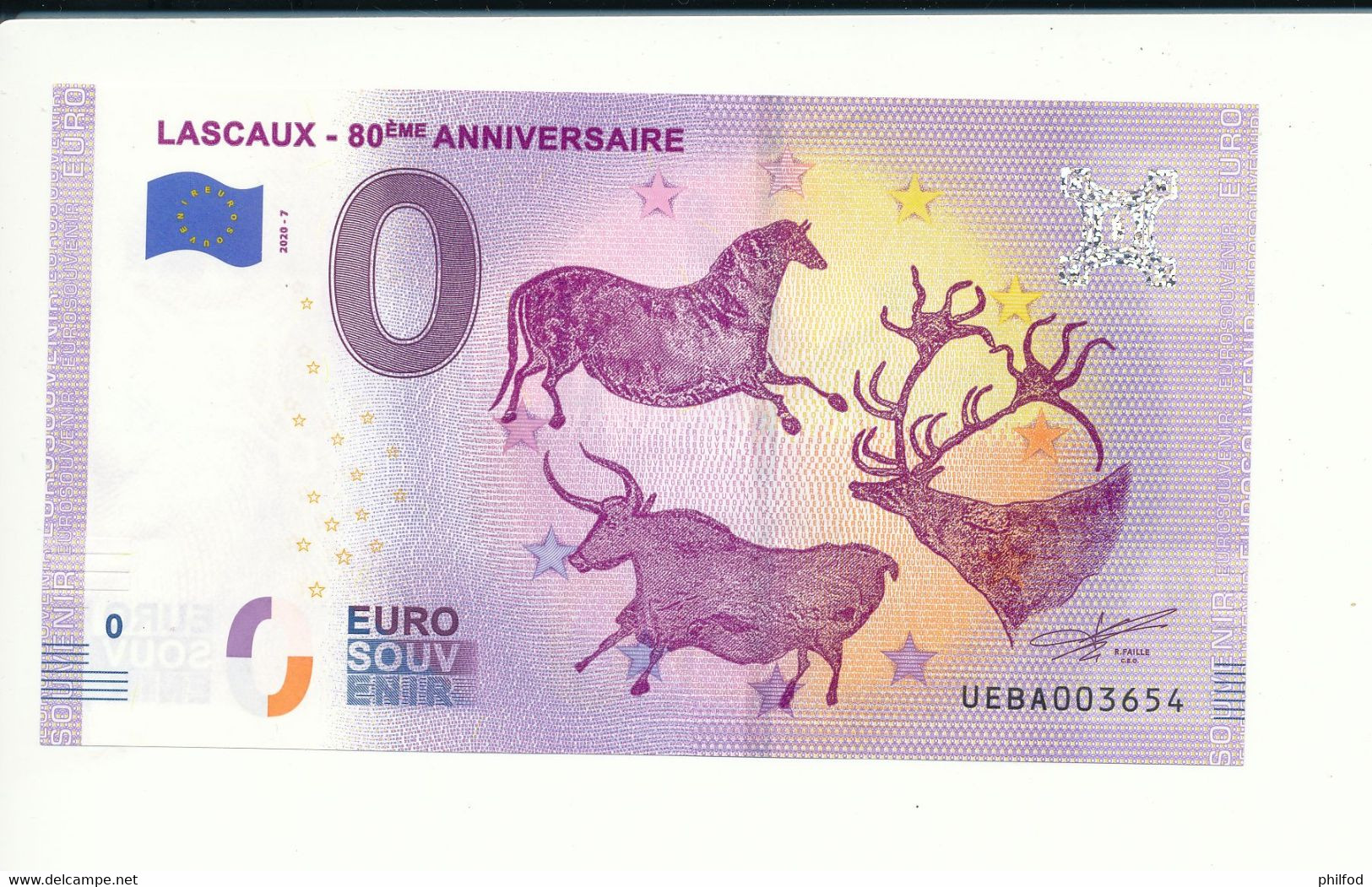 Billet Touristique  0 Euro  - LASCAUX - 80EME ANNIVERSAIRE  - UEBA - 2020-7 - N° 3654 - Billet épuisé - Autres & Non Classés