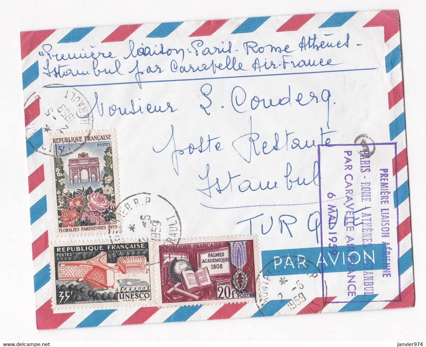 1er Liaison Aérienne Paris Milan Athènes Istanbul Par Caravelle Air France 1-5-1959 - 1960-.... Covers & Documents