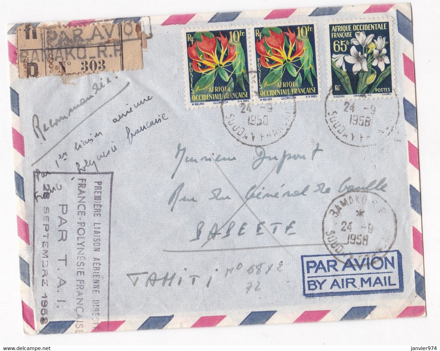 Enveloppe Recommandé 1958 Bamako Pour Tahiti , 1er Liaison Aérienne France  Polynésie . - Covers & Documents