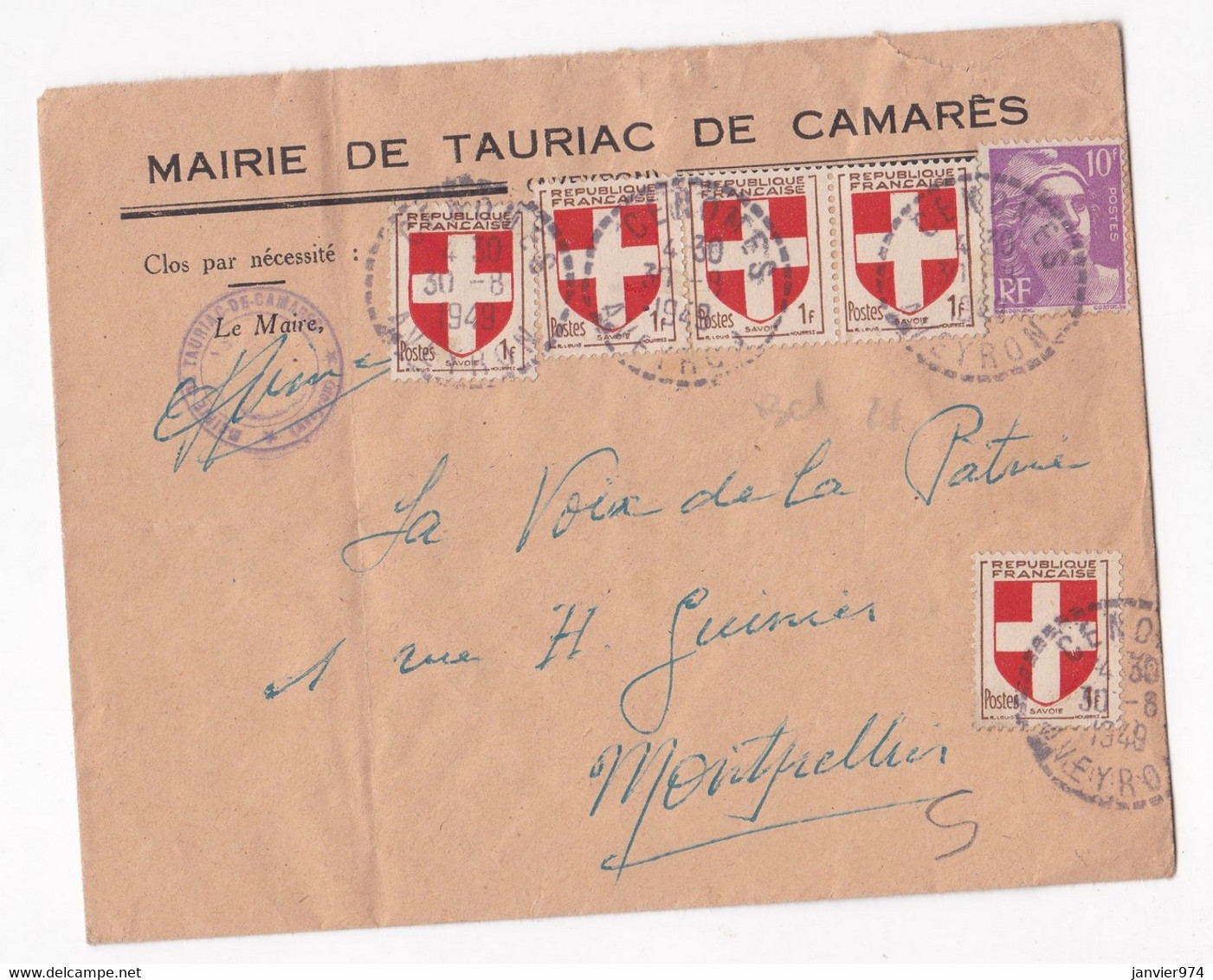 Enveloppe De 1948 Mairie De Tauriac De Camares Aveyron Pour Montpellier Hérault - Brieven En Documenten
