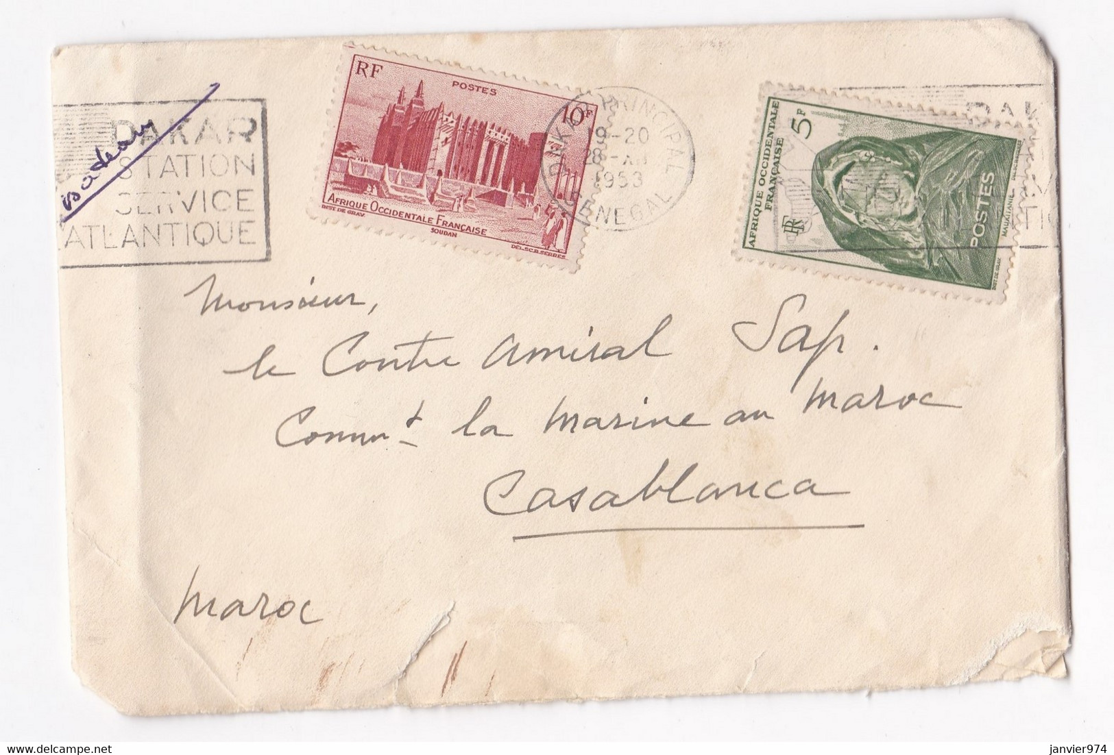 Enveloppe 1953 Dakar Sénégal Pour Le Contre-Amiral , Commandant De La Marine Au Maroc - Covers & Documents