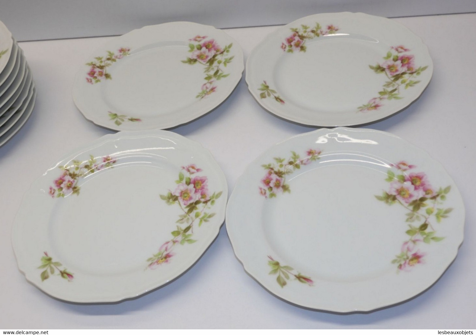 *SUPERBE SERVICE GÂTEAUX PLAT & 12 ASSIETTES A GIRAUD & Cie FLEURS EGLANTIERS  E