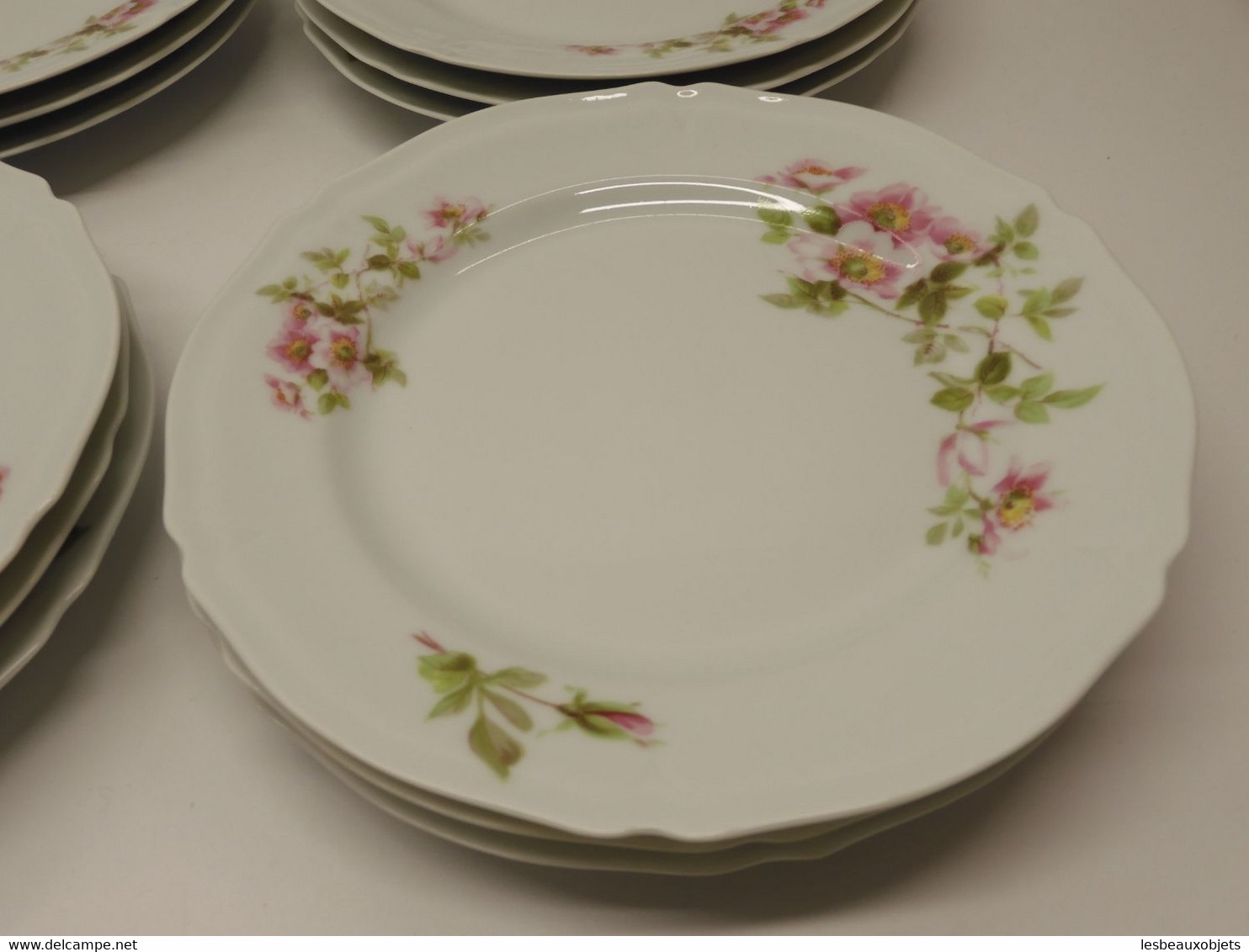 *SUPERBE SERVICE GÂTEAUX PLAT & 12 ASSIETTES A GIRAUD & Cie FLEURS EGLANTIERS  E