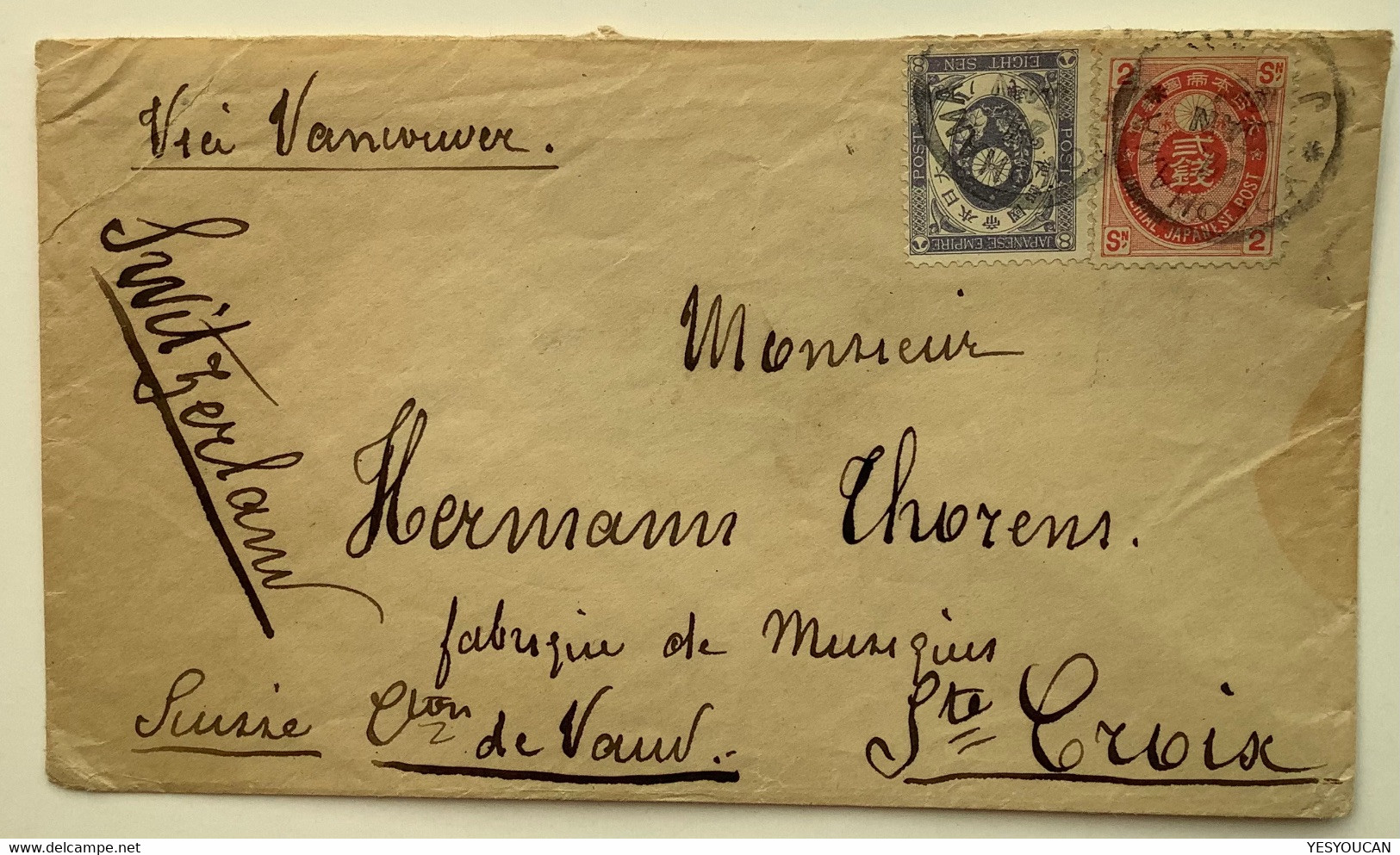 YOKOHAMA JAPAN 1899 Rare Koban Franking 8s+2s Cover Via Vancouver>SAINTE CROIX SUISSE  Schweiz VD Rasierklingenstempel - Briefe U. Dokumente